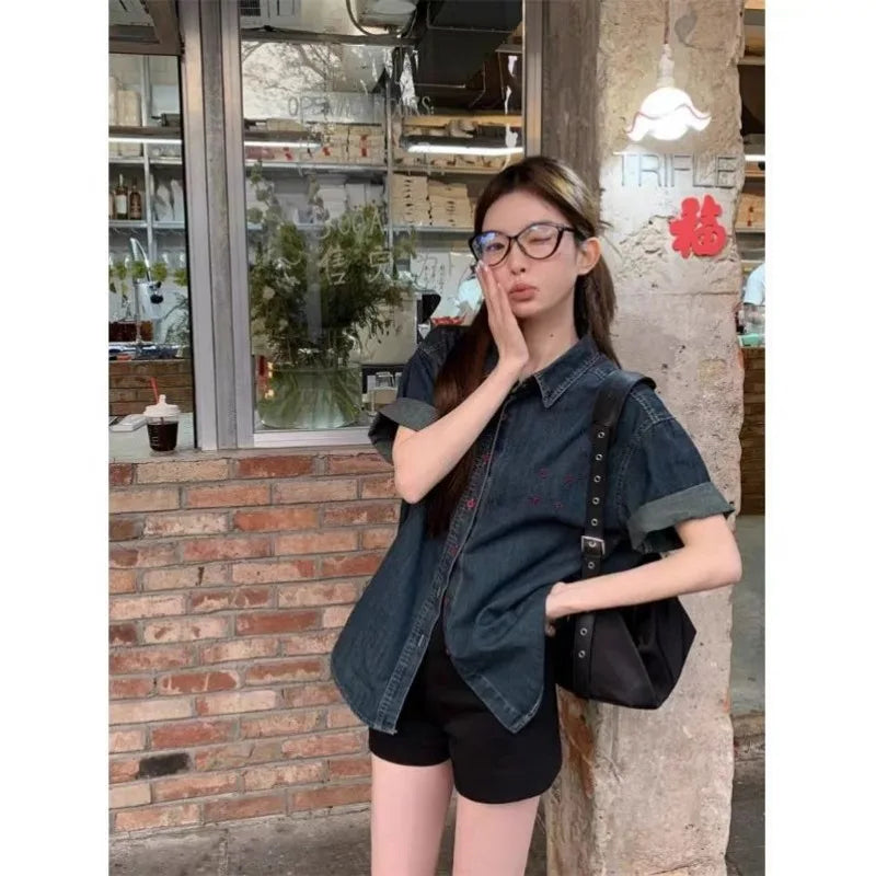 Women k Blue Denim Short Sleeve Shirt Oversized Button Down Loose Fit Casual Streetwear Top