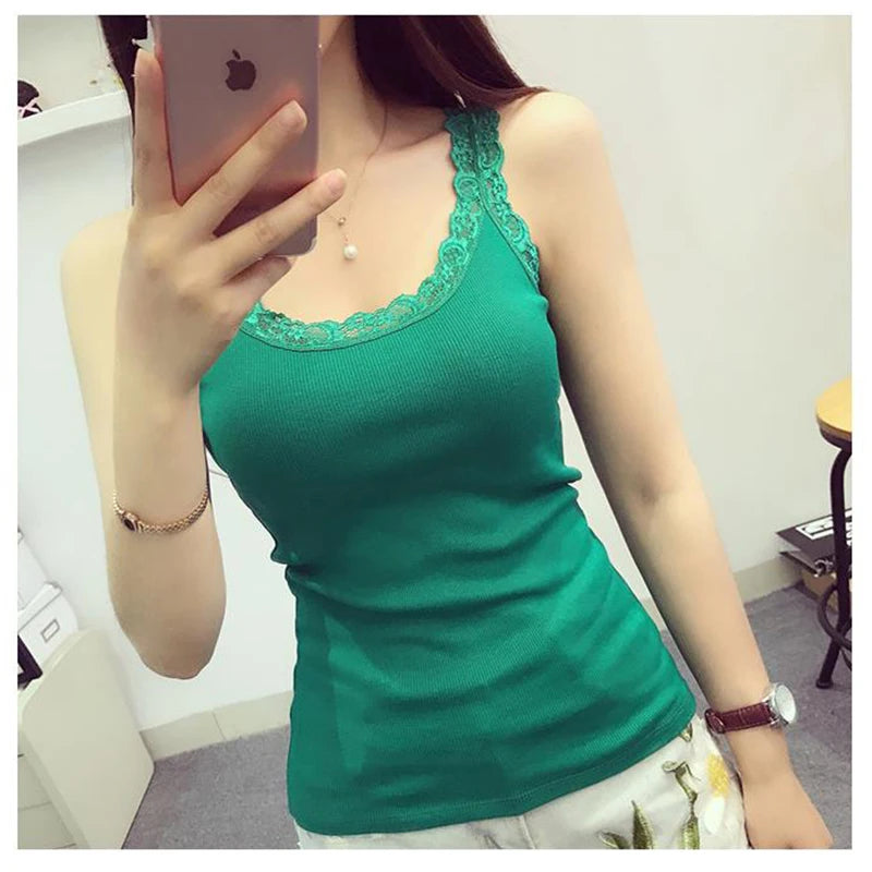Tank Tops Women Summer O-neck Solid Color Female U-shaped Low Cut Lace Suspender Vest 2024 New Sleeveless Camisole For Ladies