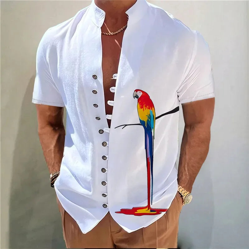 Men Shirts New Print Button Short Sleeves Shirt Fashion Stand Collar Loose Fitting Men&