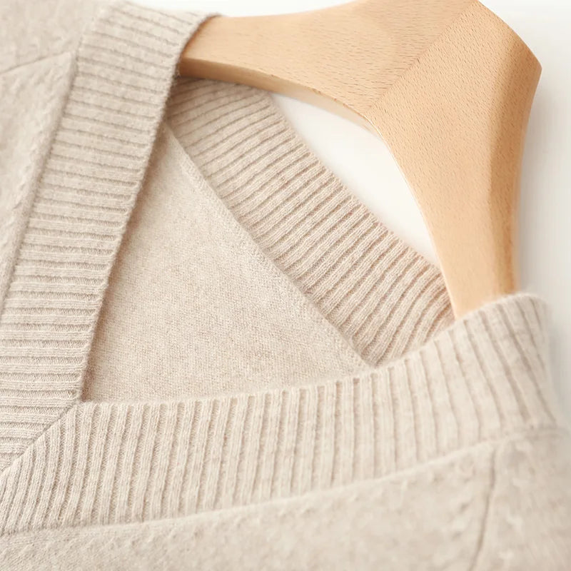 Fashion Autumn Winter Dress Women100%Merino Wool V-neck Long-sleeved Dress Women&