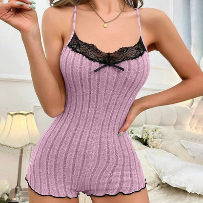 Summer Pajamas for Womens Onesies Sleepwear Fashion Back Bow Design Lace Splicing Bodysuit Loungerwear