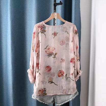 2026 Autumn clothes woman French fashion v neck rose floral print shirts and blouses for women vintage ladies tops