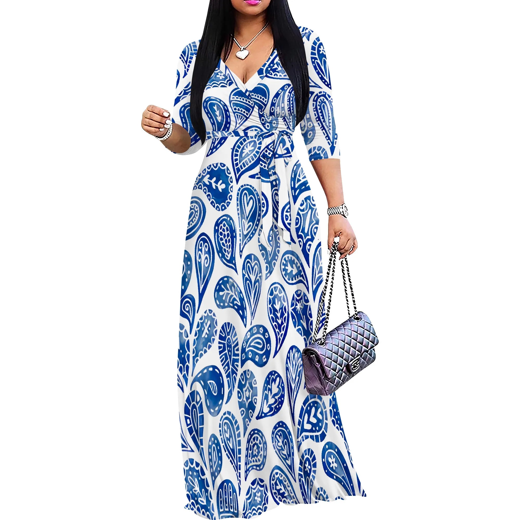 Plus Size Dresses for Women Print Maxi Dresses Flowy 3/4 Sleeve with Belt