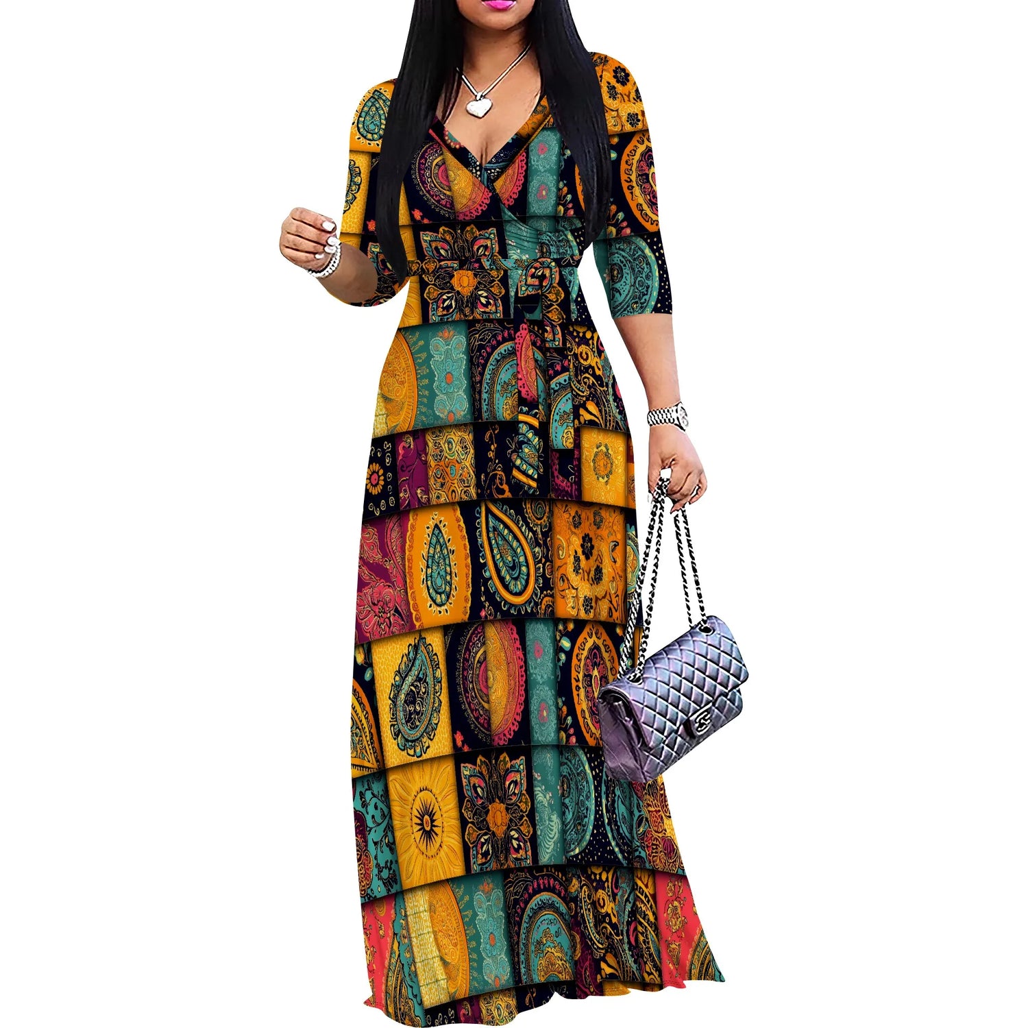 Plus Size Dresses for Women Print Maxi Dresses Flowy 3/4 Sleeve with Belt