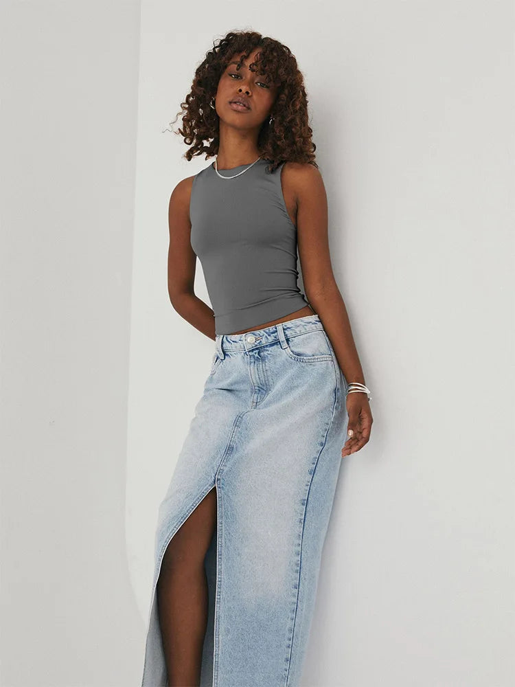Sleeveless tight bottom shirt, round neck I-shaped solid color top, casual vest