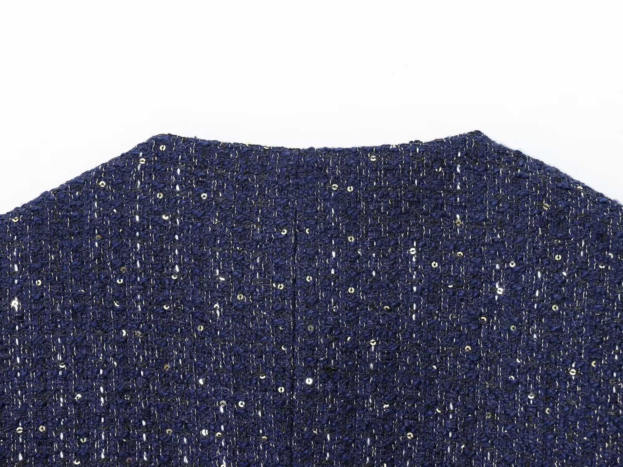 Women 2025 Fashion Blue Tweed Blazer Coat With Belt Female Short Sleeve Outerwear