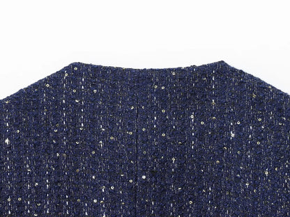 Women 2025 Fashion Blue Tweed Blazer Coat With Belt Female Short Sleeve Outerwear