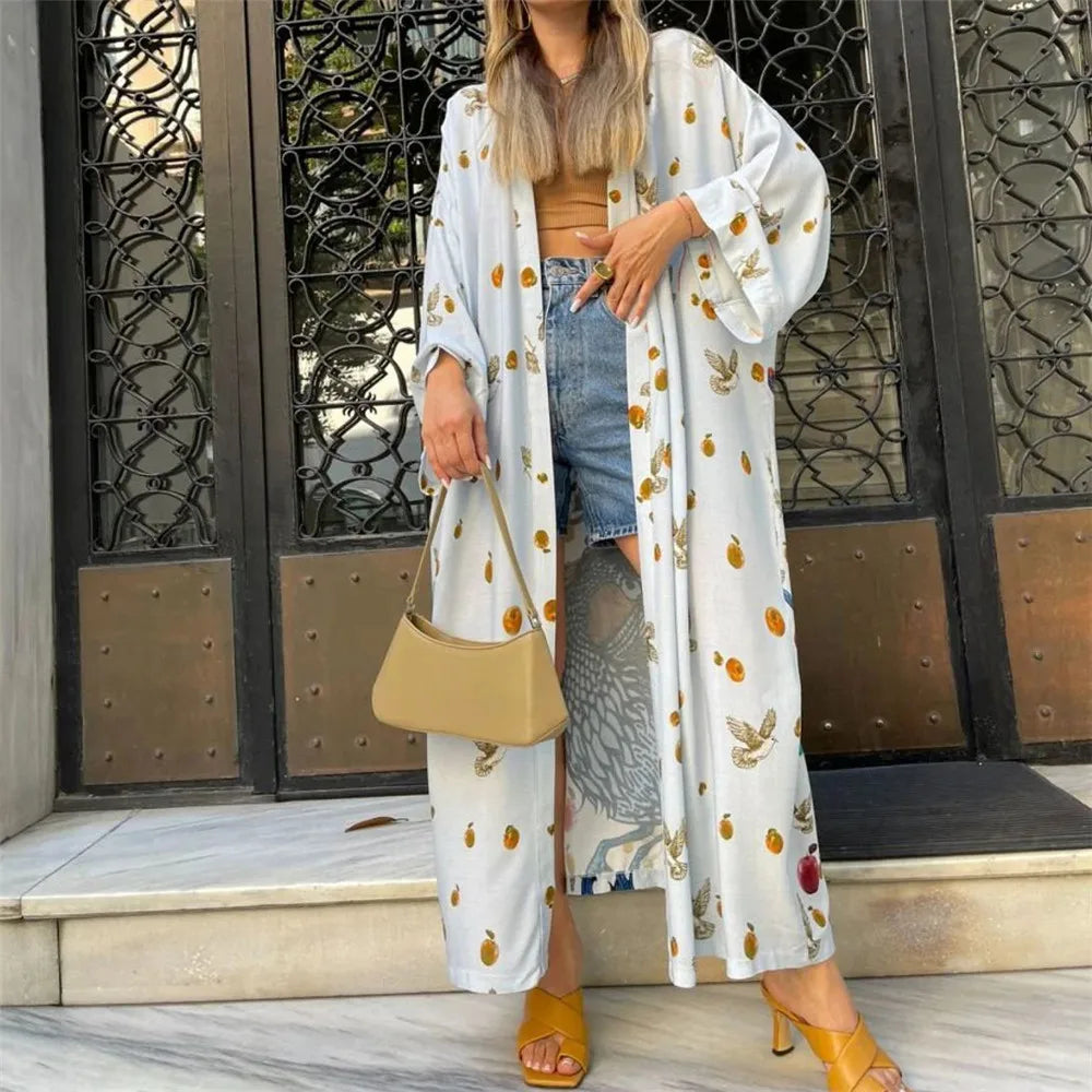Bird Flower Print Kaftans for Woman Tunicas Femininas Beach Cover Up 2026 Summer Maxi Beach Wear Outfits Kaftan Dresses Womens