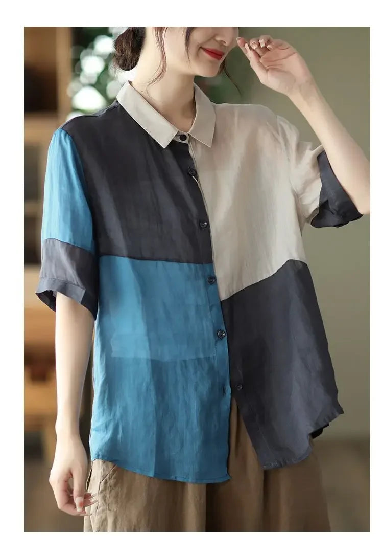 Cotton and Linen Shirt for Women Fashionable and Versatile Cardigan Lapel Top Thin Blouse Patchwork Casual Chic Female Clothes
