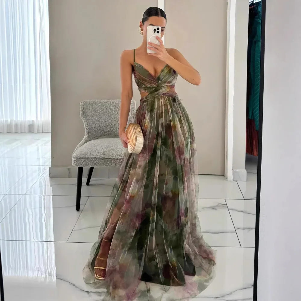 Women‘s Fashion Spring Autumn New Mesh Floral Print Beautiful Party Dress ladies Halter Dress INS Holiday Casual Long Dress