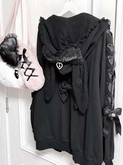 Hoodies Women 2025 Autumn New Sweet Bunny Ear Lace Hooded Sweatshirt for Women Cute Loose Tie Long Sleeve Jacket