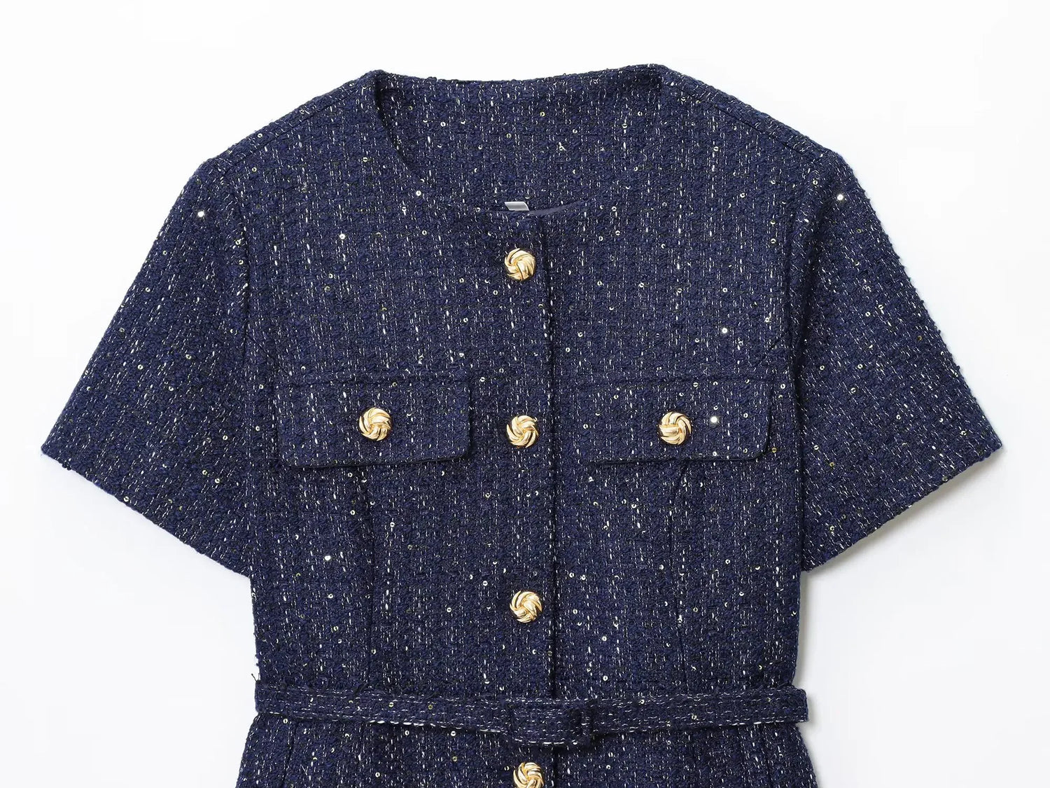 Women 2025 Fashion Blue Tweed Blazer Coat With Belt Female Short Sleeve Outerwear