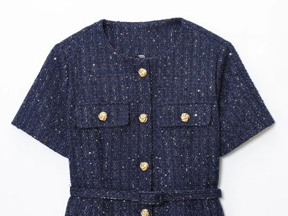 Women 2025 Fashion Blue Tweed Blazer Coat With Belt Female Short Sleeve Outerwear