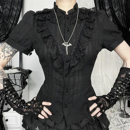 Sweet Lolita Cotton Shirts Women Vintage Gothic Black White Jacquard Short Sleeve Blouses Elegant Office Lady Y2k Tops