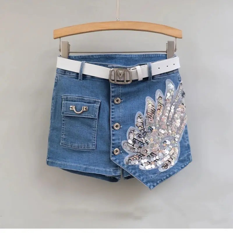 Fashion Sequin Denim Short Skirt Women Spring/Summer 2025 New Korean High Waist Slim Irregular Sexy Hot Pants White Black Casual