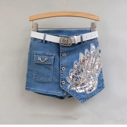 Fashion Sequin Denim Short Skirt Women Spring/Summer 2025 New Korean High Waist Slim Irregular Sexy Hot Pants White Black Casual