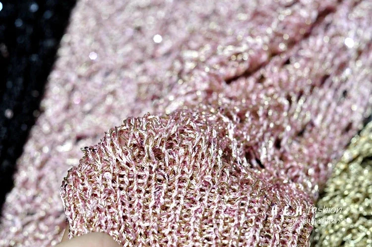Fall Clothes for Women 2024 Fashion Sexy  Sequins Hollow Out Loose Gold Bright Silk Gown Bats Long-sleeved Round Collar Knitting