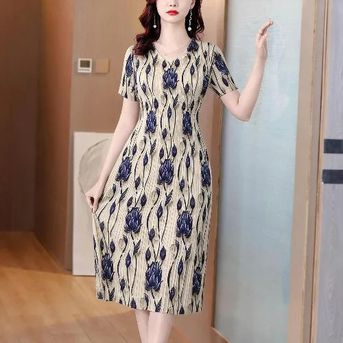 Elegant Pleated Maxi Dress for Women Summer Fashion High Waist A-Line Skirt Short Sleeve round Neck Iron-Free Business Wear