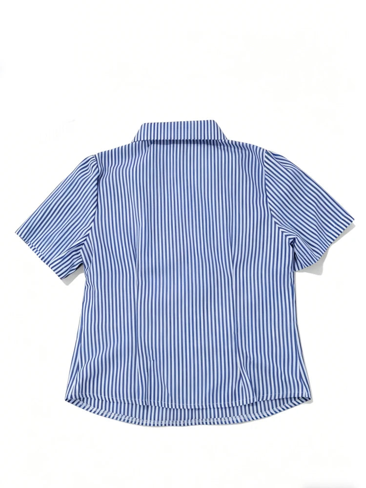 Womens Blue White Striped Cropped Button Down Shirt Slim Fit Short Puff Sleeve Y2K Vtg Casual Office Summer 2026 Chic Blouses