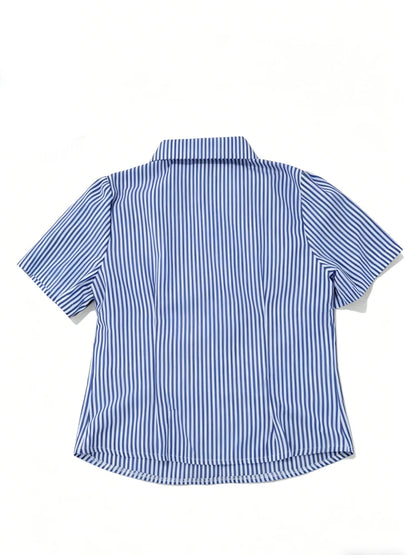 Womens Blue White Striped Cropped Button Down Shirt Slim Fit Short Puff Sleeve Y2K Vtg Casual Office Summer 2026 Chic Blouses