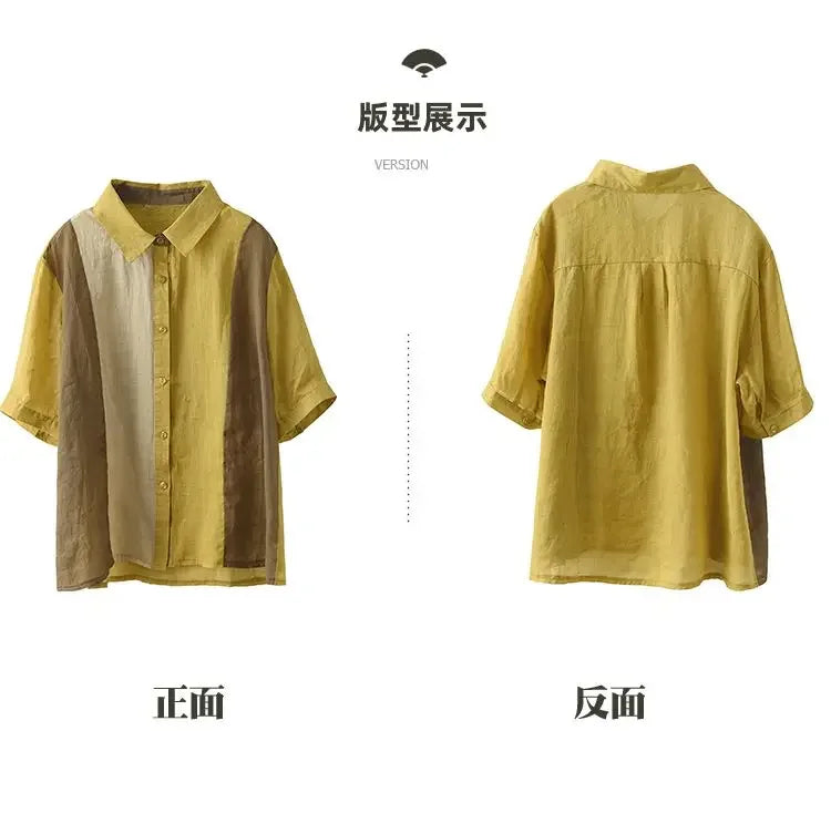 Cotton and Linen Shirt for Women Fashionable and Versatile Cardigan Lapel Top Thin Blouse Patchwork Casual Chic Female Clothes