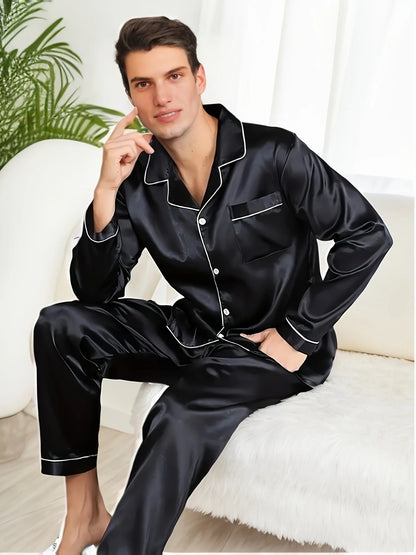 Men Pajama Sets Microfiber Sleepwear For Sleeping Man Shirt Silk Long Sleeve Pyjamas Male Home Night Wear Big size Loungewear