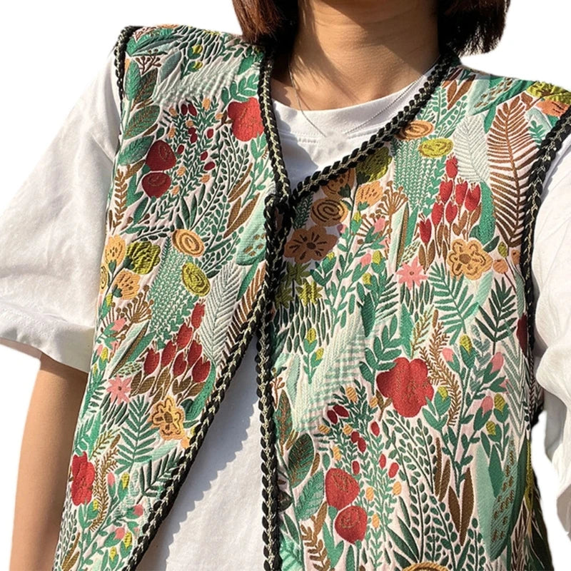 Vintage Floral Embroidery Printed Cardigan Vest Womens Elegant Sleeveless Tops Spring Summer Female Clothing Dropshipping