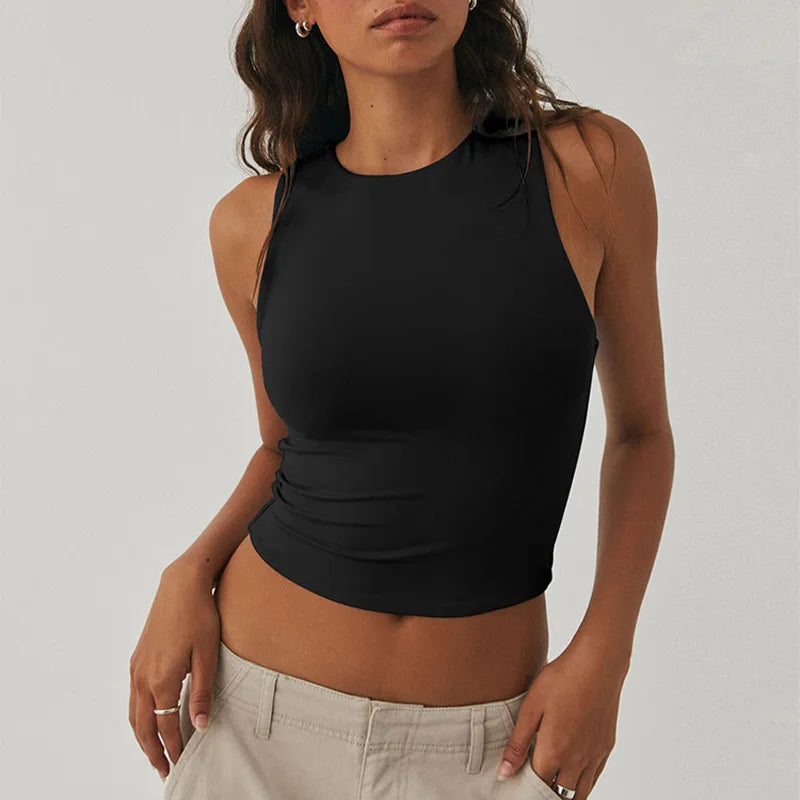 Sleeveless tight bottom shirt, round neck I-shaped solid color top, casual vest