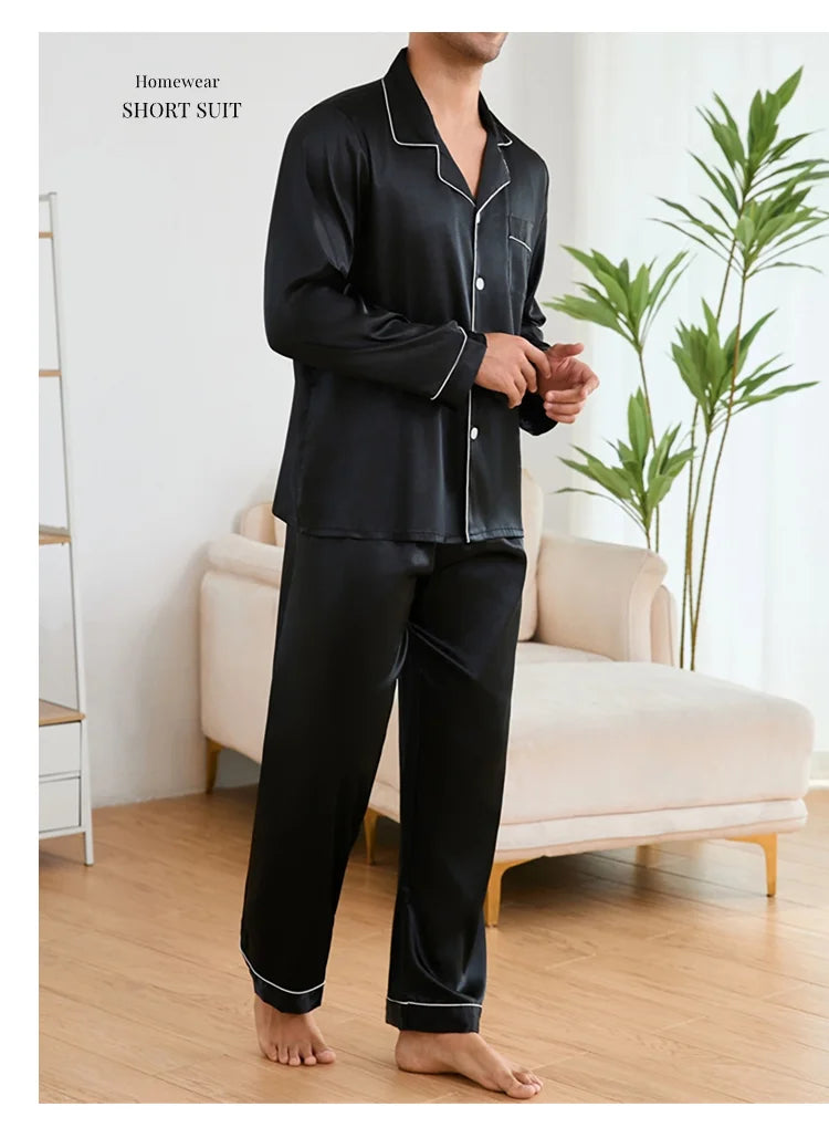 Men Sleepwear Satin Pajama Sets Long Sleeve Tops with Trousers Pajama Pj Sets Soft and Comfortable Autumn Pajamas Loungewear Set