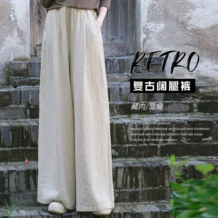 Linen Wide Leg Pants Women Casual Bohemian Loose Flowy Palazzo Pants Summer Spring