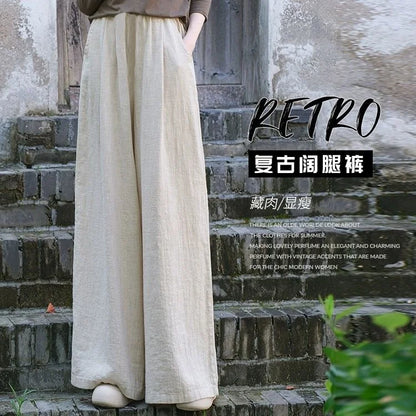 Linen Wide Leg Pants Women Casual Bohemian Loose Flowy Palazzo Pants Summer Spring