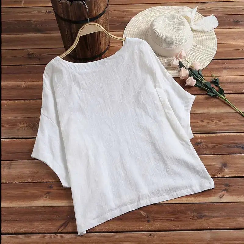 Cotton Linen Shirts Women Casual Solid Blouses Shirts Loose Tops Tunic Blusas Oversized T-Shirt Blouse Women Short Sleeve Shirt