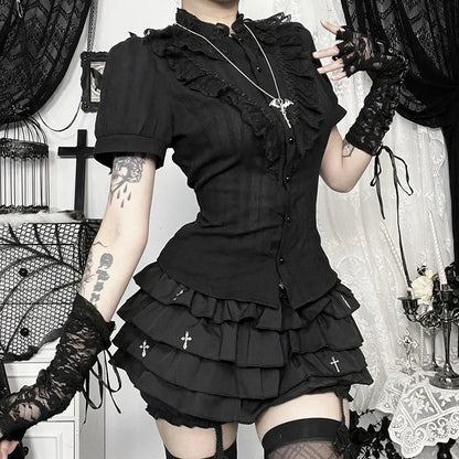 Sweet Lolita Cotton Shirts Women Vintage Gothic Black White Jacquard Short Sleeve Blouses Elegant Office Lady Y2k Tops
