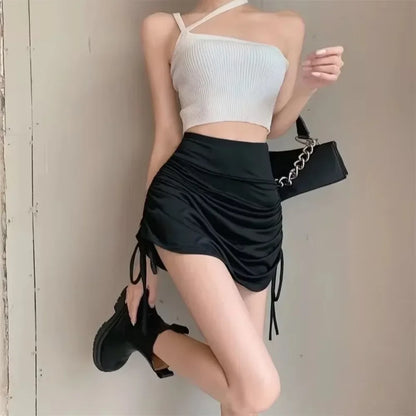 Sexy Women Summer Mini Skirts Drawstring High Waist Wrapped Hip Skirt Female Wild Solid Folds Slim Elastic Shorts Y2K Skirts