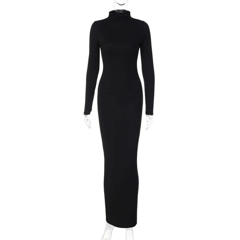 Fall Women Fashion Elegant  Solid Turtleneck Long Sleeve Sexy Bodycon Maxi Prom Dress  Outfit Evening Party Club