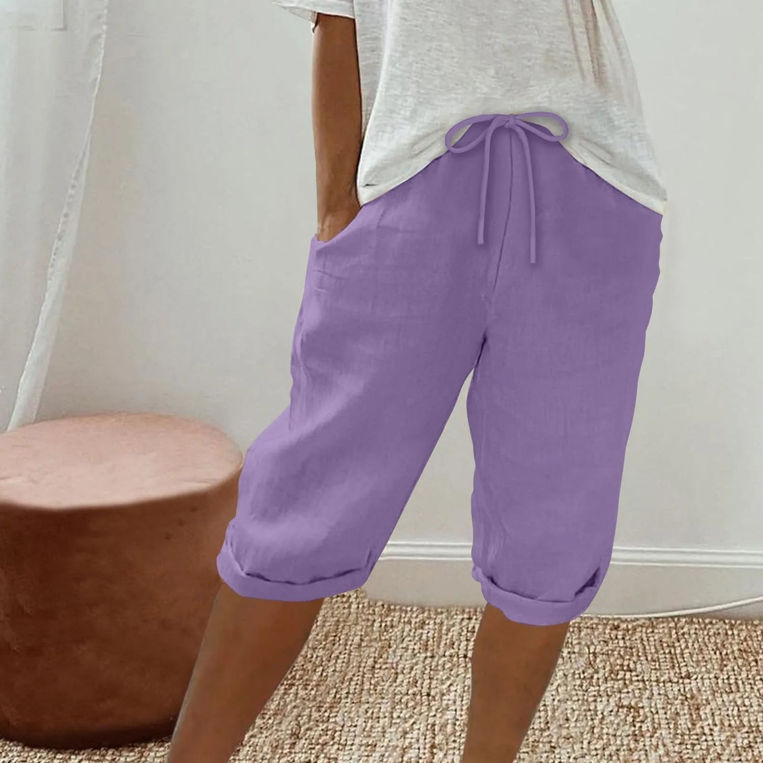 Casual Cotton Linen Pants For Female Streetwear Solid Color Wide Leg Capri Versatile Palazzo Pants Baggy Cargo Pants With Pocket