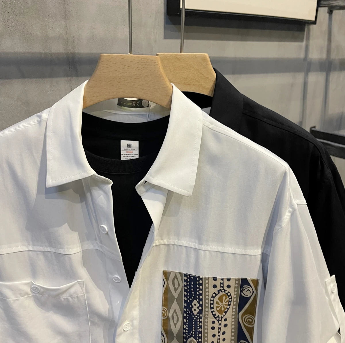 Short Sleeve With Pocket Male Shirts Button Up Print Loose Men&