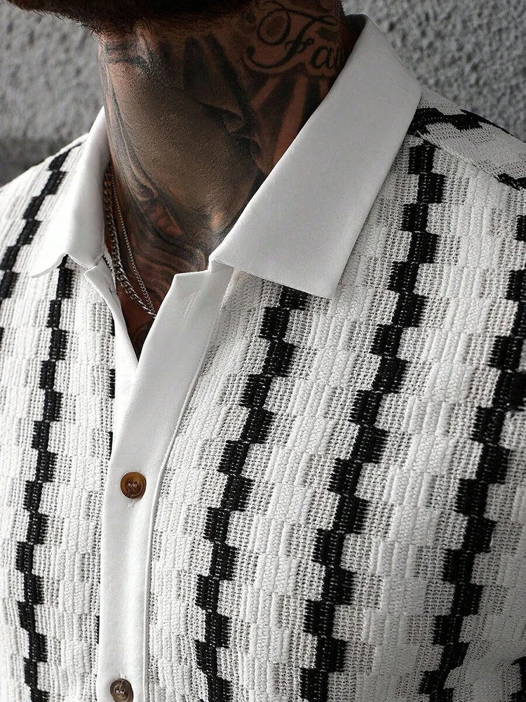 Classic Plaid Striped Knitting Shirt Short Sleeve Buttoned Turn-down Collar Mens Shirts Summer Vintage Slim Fit Knitted Cardigan