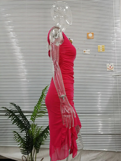 2025 Spring And Summer Sleeveless Dresses Women New Fashion Mesh Tight Solid Color Elegant Temperament Irregular Hem Vestidos