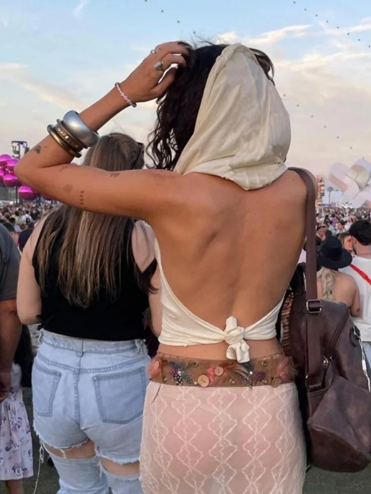 Hooded Crop Top Women Edgy Clothes Y2k Accessories Backless Sexy Halter Top Tie Back Camison Verano Sleeveless Ropa De Mujer