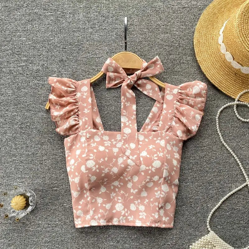 Crop Tops Camis Women Ruffles Sexy Elegant Simple Streetwear Vintage Summer Holiday Casual Young Aesthetic All-match Ulzzang New