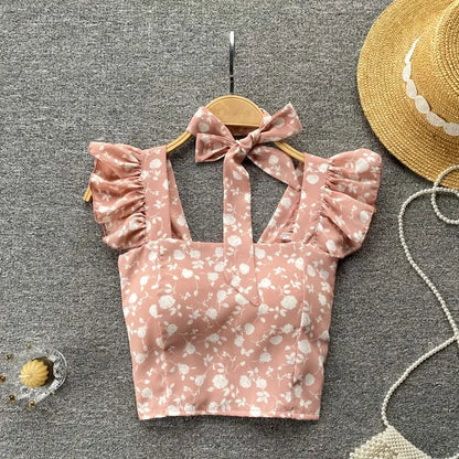 Crop Tops Camis Women Ruffles Sexy Elegant Simple Streetwear Vintage Summer Holiday Casual Young Aesthetic All-match Ulzzang New
