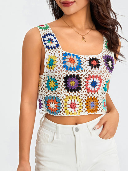 Women´s Summer Sleeveless Tops Colorful Hand Crochet Embroidery Openwork Knit Tank Tops