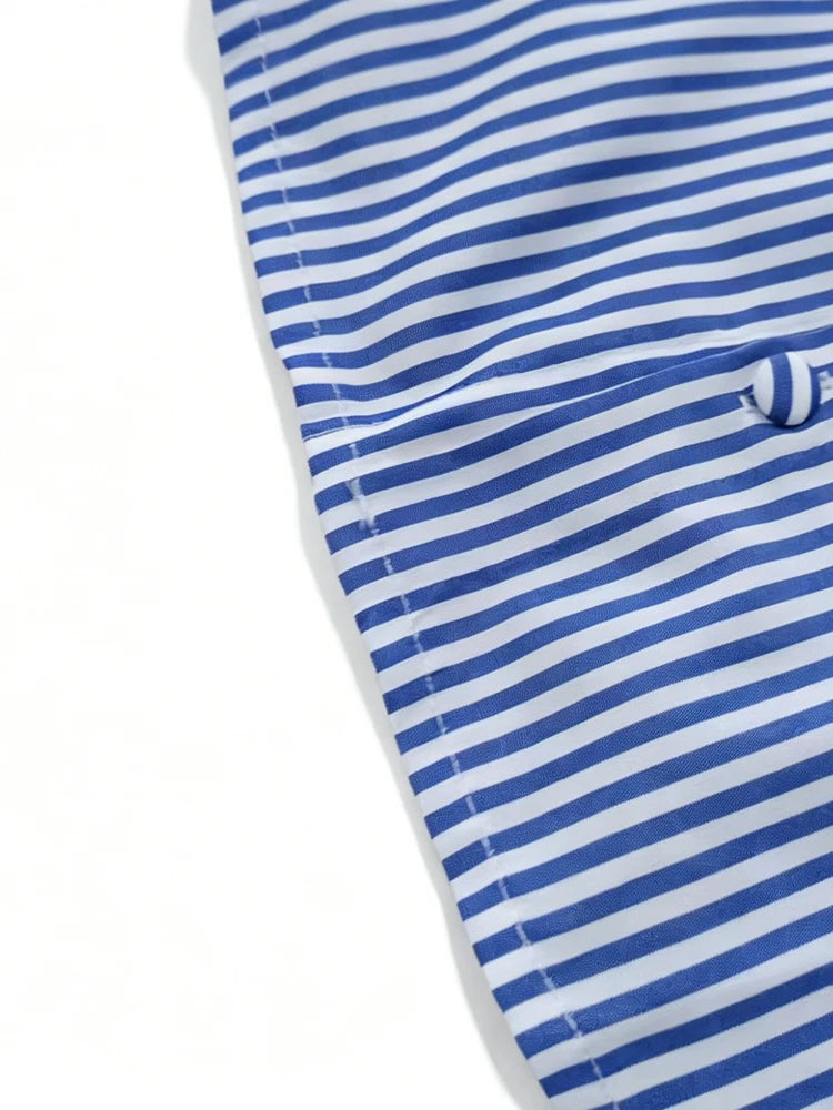 Womens Blue White Striped Cropped Button Down Shirt Slim Fit Short Puff Sleeve Y2K Vtg Casual Office Summer 2026 Chic Blouses