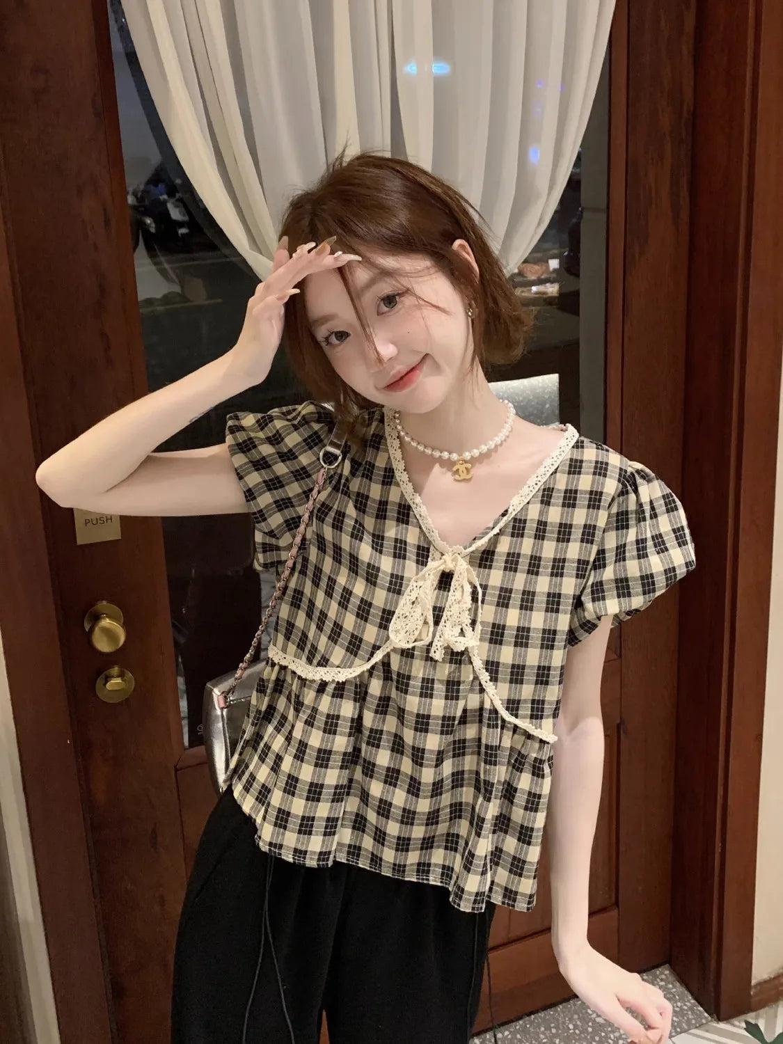 Blouses Women Plaid Vintage Literary Summer Short-sleeve Sweet Crop Tops Lace-up Aesthetic Prairie Chic Students French Style