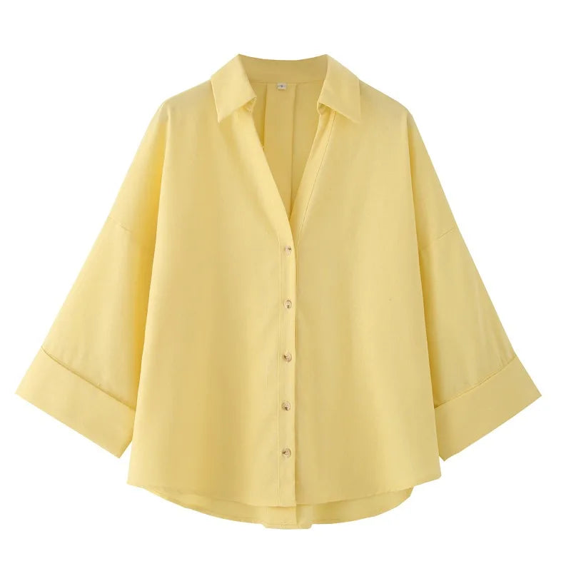 Womens Button Down Linen Shirts V Neck Roll Up Cuffed Sleeve Blouses Loose Collared Shirt Casual Formal Work Office Tops