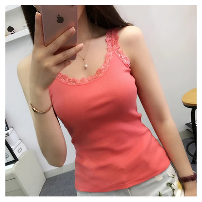 Tank Tops Women Summer O-neck Solid Color Female U-shaped Low Cut Lace Suspender Vest 2024 New Sleeveless Camisole For Ladies