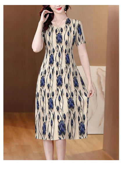 Elegant Pleated Maxi Dress for Women Summer Fashion High Waist A-Line Skirt Short Sleeve round Neck Iron-Free Business Wear