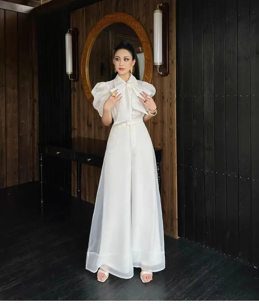 New Fashion Organza Wide Leg Palazzo Pants Women Elegant Summer High Waist Solid Color Office Lady Trousers Clothing