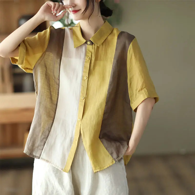 Cotton and Linen Shirt for Women Fashionable and Versatile Cardigan Lapel Top Thin Blouse Patchwork Casual Chic Female Clothes